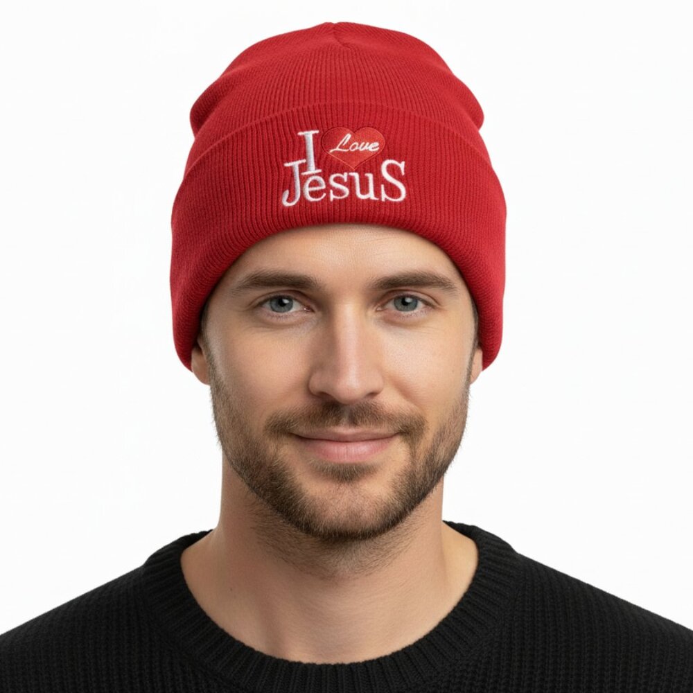 "I Love Jesus" Winter Fleece-Lined Hat, Red